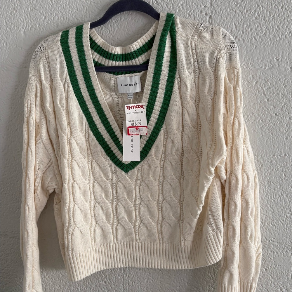 Pink Rose Women's Cream V neck Sweater with Green accents
